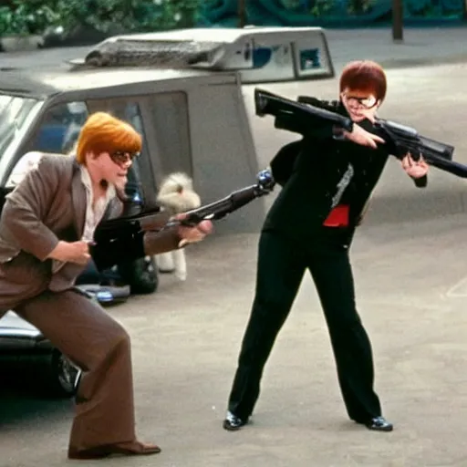 Image similar to austin powers shooting an ak - 4 7, photography, movie,