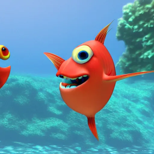 Prompt: a 3d render of two fish underwater watching a boat , in the style of a pixar cartoon, disney cartoon