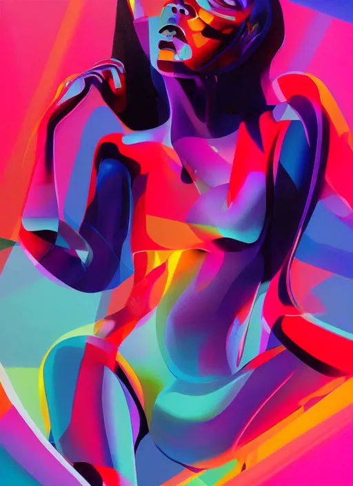 Image similar to futuristic lasers tracing, colorsmoke, fullbodysuit, pyramid hoodvisor, raindrops, wet, oiled, beautiful cyborg girl, by steven meisel, kaws, rolf armstrong, mondrian, hannah af klint perfect geometry abstract acrylic, octane hyperrealism photorealistic airbrush collage painting, monochrome, neon fluorescent colors, minimalist rule of thirds, eighties eros