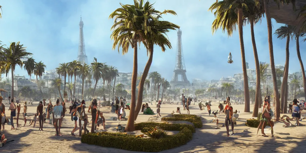 Prompt: landscape of the beautiful city of paris rebuilt near the pacific ocean in sunny california, amazing weather, sandy beach, palm trees, splendid haussmann architecture, digital painting, highly detailed, intricate, concept art, matte painting, trending on artstation, octane render, 8 k, unreal engine