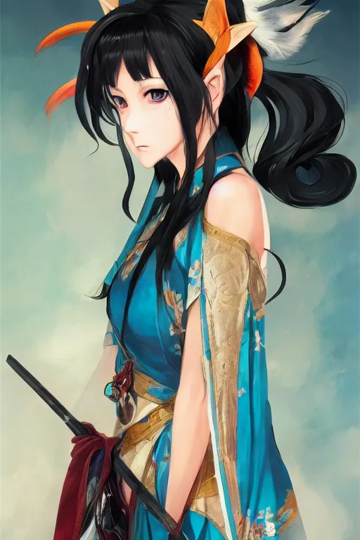 Image similar to An anime portrait of Nico Robin as a beautiful woman with fox ears wearing a kimono from Skyrim, by Stanley Artgerm Lau, WLOP, Rossdraws, James Jean, Andrei Riabovitchev, Marc Simonetti, and Sakimichan, large brush, low detail, trending on artstation