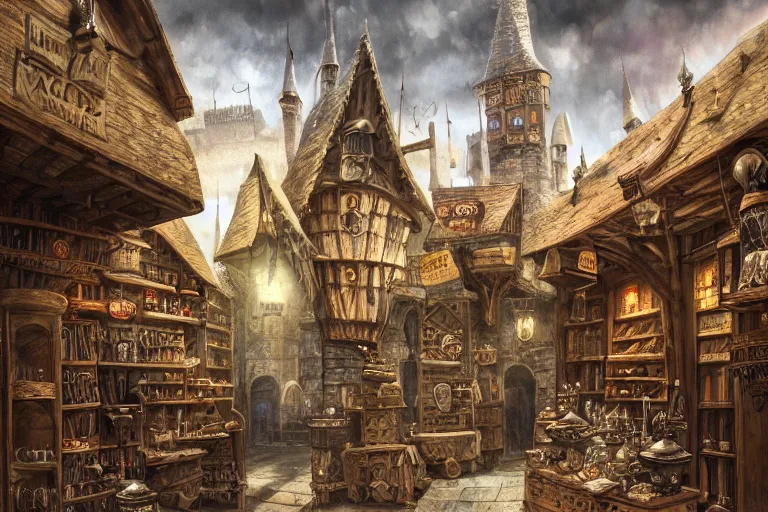 Prompt: A medieval magic shop viewed from the outside, magic items, magic, texture, intricate, details, highly detailed, masterpiece, architecture, building, trending on artstation, focus, sharp focus, concept art, digital painting, fantasy, sunny, day, midday