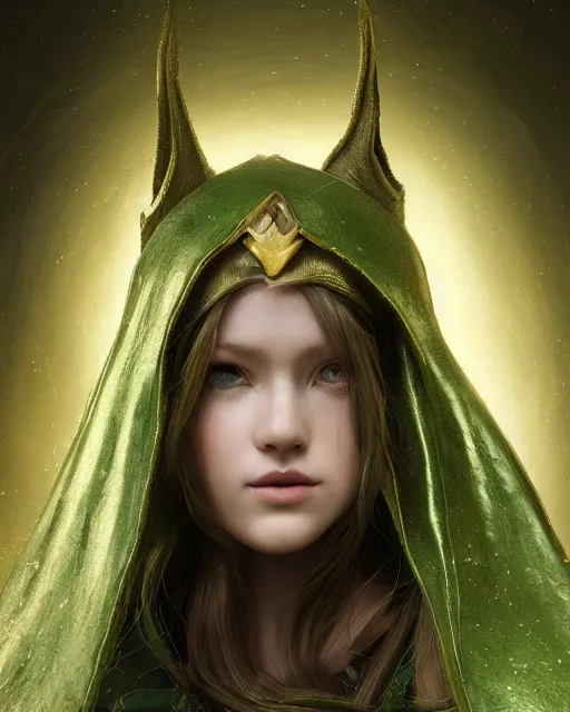 Image similar to a beautiful photo of a young woman, green elf ranger with long flowing hair and a green leather hood, elf ranger leather armor with olive green and brown colors and gold lining, young female face, cinematic top lighting, insanely detailed and intricate, face by wlop, Charlie Bowater, designs by zhelong xu and gustave doré, golden ratio, symmetric, elegant, ornate, luxury, elite, matte painting, cinematic, trending on artstation, deviantart and cgsociety, 8k, high resolution