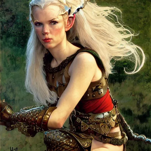 Image similar to half length portrait of hannah waddingham as an elf ranger in studded leather armor, d & d, medieval, fantasy, royo, klimt, miro, vallejo, frazetta, alphonse mucha, greg rutkowski, whealan