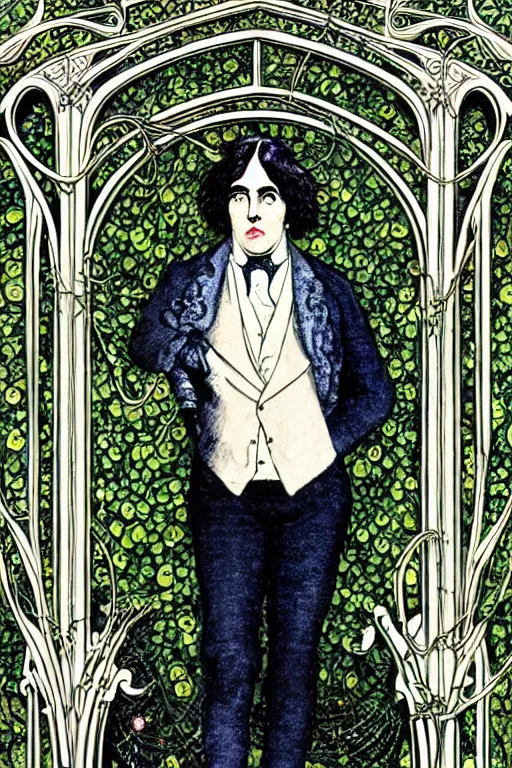 Prompt: realistic portrait of oscar wilde in the center of an ornate gothic frame with vines and stars, detailed art by kay nielsen and walter crane, illustration style, watercolor