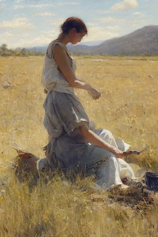 Prompt: Solomon Joseph Solomon and Richard Schmid and Jeremy Lipking painting full length portrait painting of a young woman working in the field