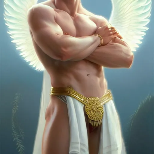 Prompt: beautiful natural male ginger angel wearing a white loincloth, intricate, elegant, highly detailed, digital painting, artstation, concept art, smooth, sharp focus, illustration, art by artgerm and greg rutkowski and alphonse mucha and loish and WLOP