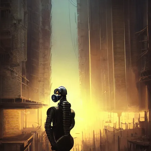 Image similar to Guy in a Gasmask, Cyberpunk city, street vendors, citizens, augmented cyborgs, robots, skyscapers, buildings, clouds, sunset, painted by seb mckinnon, high detail, digital art, trending on artstation