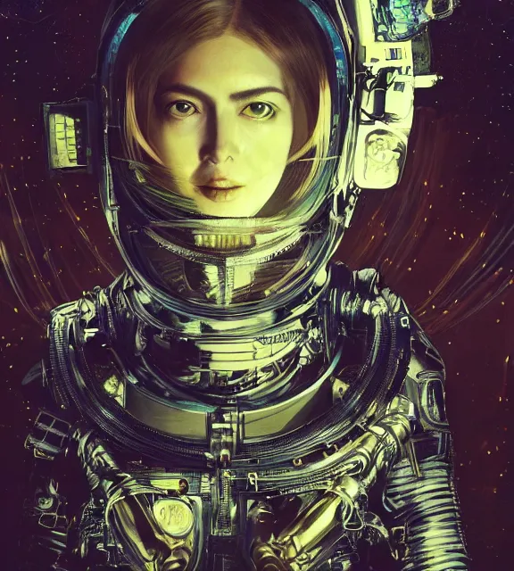 Image similar to hyperrealistic portrait of a woman monster astronaut, sofia coppola, cyberpunk, well lit, intricate abstract. gucci style, intricate artwork, high detail, figurative art, multiple exposure, poster art, 3 d, by stanley kubrick and tooth wu and wlop and beeple, realistic, hyperdetailed, 8 k resolution.