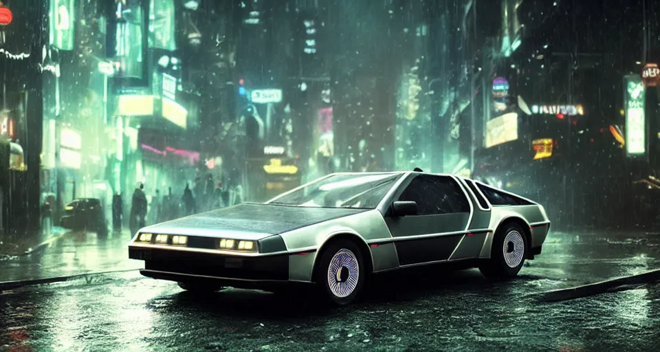 Prompt: a 2 8 mm closeup photo of a delorean tron tesla car on wet city street at night, intricate, hyper detailed, smooth, high contrast, neon, volumetric lighting, octane, moebius, greg rutkowski, blade runner, ripley scott, cindmatic