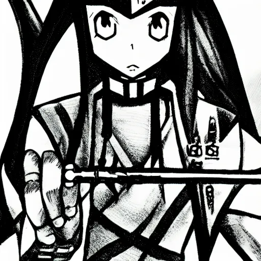 Prompt: wizard, illustrated by mato and ken sugimori, manga, black and white illustration