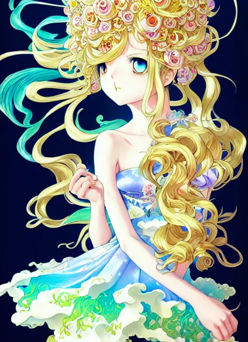 Image similar to exquisite imaginative manga poster art fairy princess, fate, long wavy hair, rococo ruffles dress, shimmering, by shigenori soejima, minaba hideo, katsuhiro otomo, jump comics, illustration, artstation, dark fantastic, highly detailed, 8 k, fluorescent, maximalist