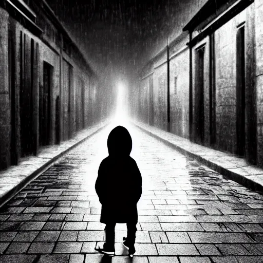 Image similar to A small child wearing black shoes and a rain coat obscuring his face walking alone in a dark alley,it is raining heavily, scary atmosphere,gloomy lighting, digital art , highly detailed , high contrast, beautiful lighting, award winning , trending on art station, 8k, photo realistic