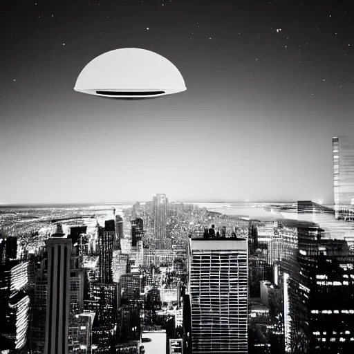 Image similar to a photograph of a ufo above new york taken by a phone camera, black and white