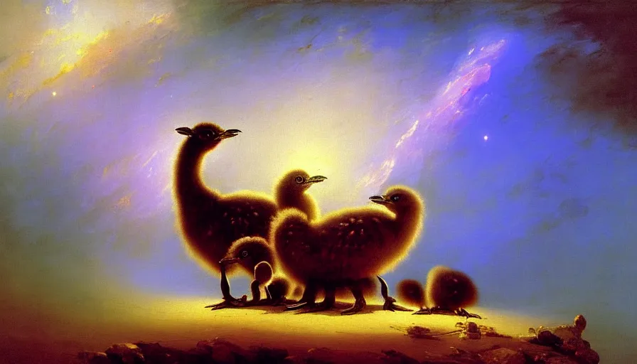 Image similar to highly detailed painting of cute baby emus cuddling up in a basket by ivan aivazovsky, by william turner, by joe fenton, thick brush strokes and visible paint layers, 4 k resolution, outer space nebula background