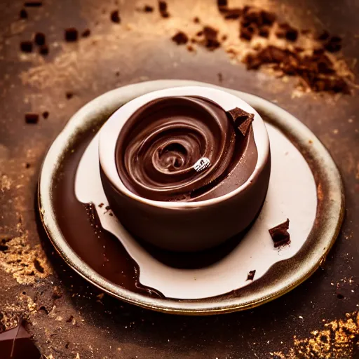 Image similar to extremely delicious looking photo of beautiful sweet melted chocolate in fancy stylish cup, very expensive top quality product, michelin star, most perfect desert on the world, small manufacture, unique style, 8 k, product photography, professional studio photography