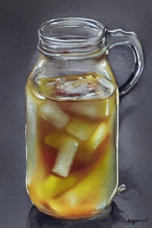 Image similar to Ice Tea in a mason jar, Watercolor, photorealistic, high resolution, award winning, trending on artstation, art by artgerm