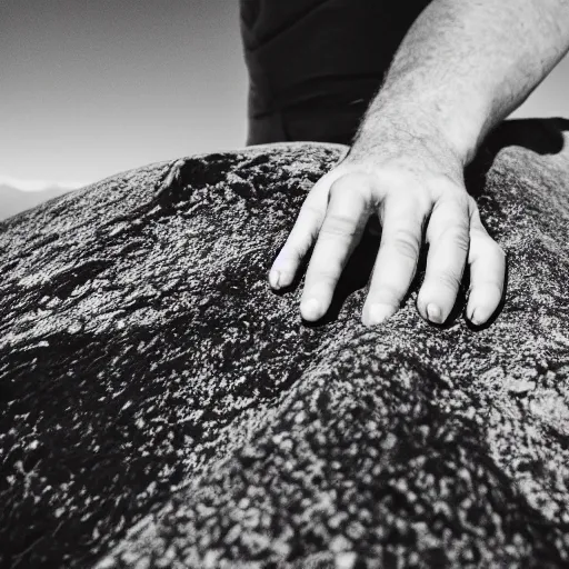 Prompt: Hand holding a mountain while being on a mountain, 40nm lens, close, 4k