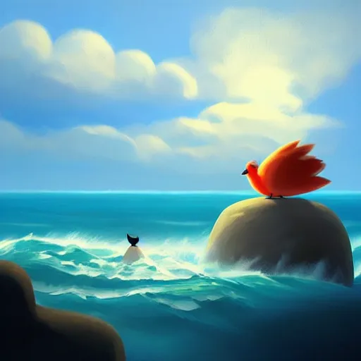 Image similar to goro fujita ilustration a cute little bird perched on a rock watching the ocean and the waves with their foam, the sky with fluffy clouds and makes a warm light, painting by goro fujita, sharp focus, highly detailed, artstation