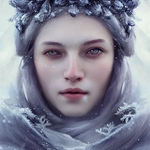 Prompt: Queen of winter, gorgeous portrait, intricate, elegant, volumetric lighting, scenery, digital painting, highly detailed, artstation, sharp focus, illustration, concept art, ruan jia, steve mccurry