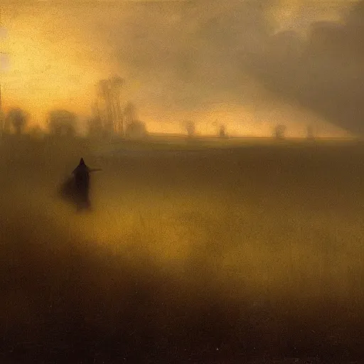 Prompt: a field of tiny bones with a gigantic ghostly grim reaper walking in the horizon, in a sunset haze, foggy, photographic, by Rembrandt