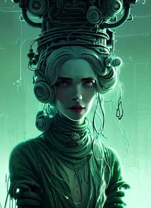 Prompt: highly detailed portrait of a frostpunk long curly white hair tribal lady, stray wiring by atey ghailan, james gilleard, by joe fenton, by greg rutkowski, by greg tocchini, by kaethe butcher, 4 k resolution, gradient green, black and white color scheme!!! ( ( green slime robotic dystopian city background ) )