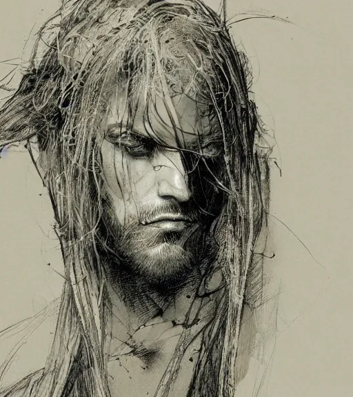 Image similar to portrait of man with long blond hair tied up wearing black robes, pen and ink, intricate line drawings, by craig mullins, ruan jia, kentaro miura, greg rutkowski, loundraw