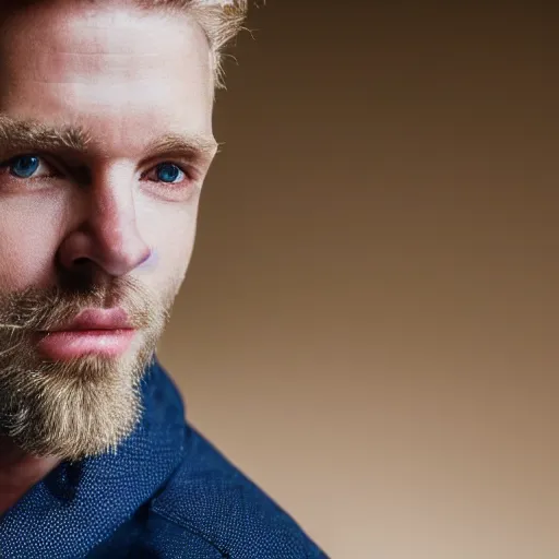 Prompt: close up of face of good looking 4 0 year old anglo slavic blond man with blond stubble, very short wavy blond hair in a short pompadour style, very dark blue eyes, portrait, 4 k