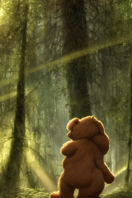 Image similar to mean fluffy teddybear protecting girl in a forest with rays of light coming through the canopy, masterpiece, dystopian, sci-fi, extremely detailed, digital painting, sculpted in zbrush, artstation, concept art, smooth, sharp focus, illustration, chiaroscuro lighting, golden ratio, incredible art, artgerm, greg rutkowski, alphonse mucha, simon stalenhag, carravaggio