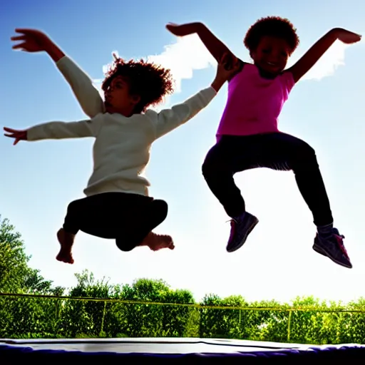 Image similar to children jumping on a trampoline, hyper realistic, amazing, natural lighting