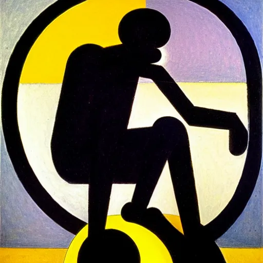 Image similar to melancholic complex suprematism painting of mechanic formed figure working on an sphere machine in height by malevich, throwing hard long shadows in complex construct room by oskar schlemmer, edward hopper vibe, liminal space, oil on canvas