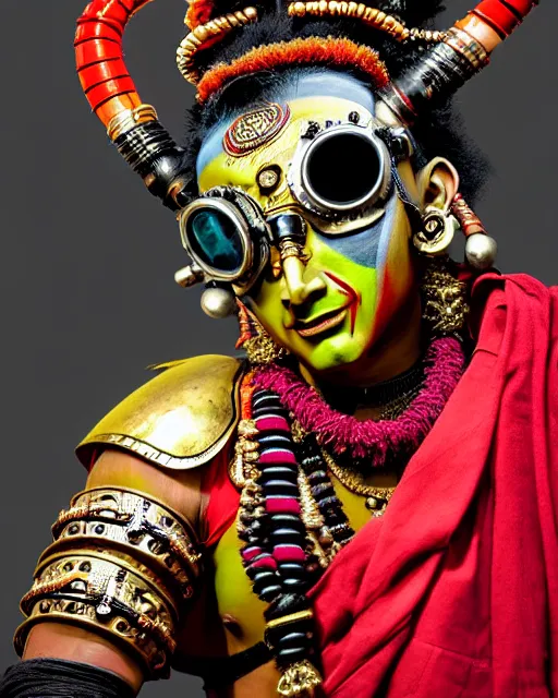 Prompt: photo of a Dramatic Kathakali male character with painted face wearing futuristic MadMax style steampunk goggles and steampunk robot armour with wide skirt in the style of stefan kostic, full body, realistic, sharp focus, symmetric, 8k high definition, insanely detailed, intricate, elegant, art by stanley lau and artgerm, Hajime Sorayama, William-Adolphe Bouguereau