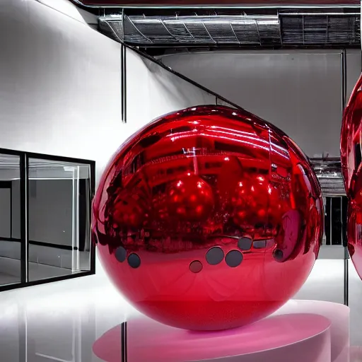 Prompt: chrome spheres on a red cube by ryo oshita
