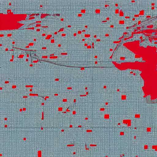 Prompt: Vector Taupe on Grey Satellite Map, showing the location of every house with a red dot, vector graphics, 8k