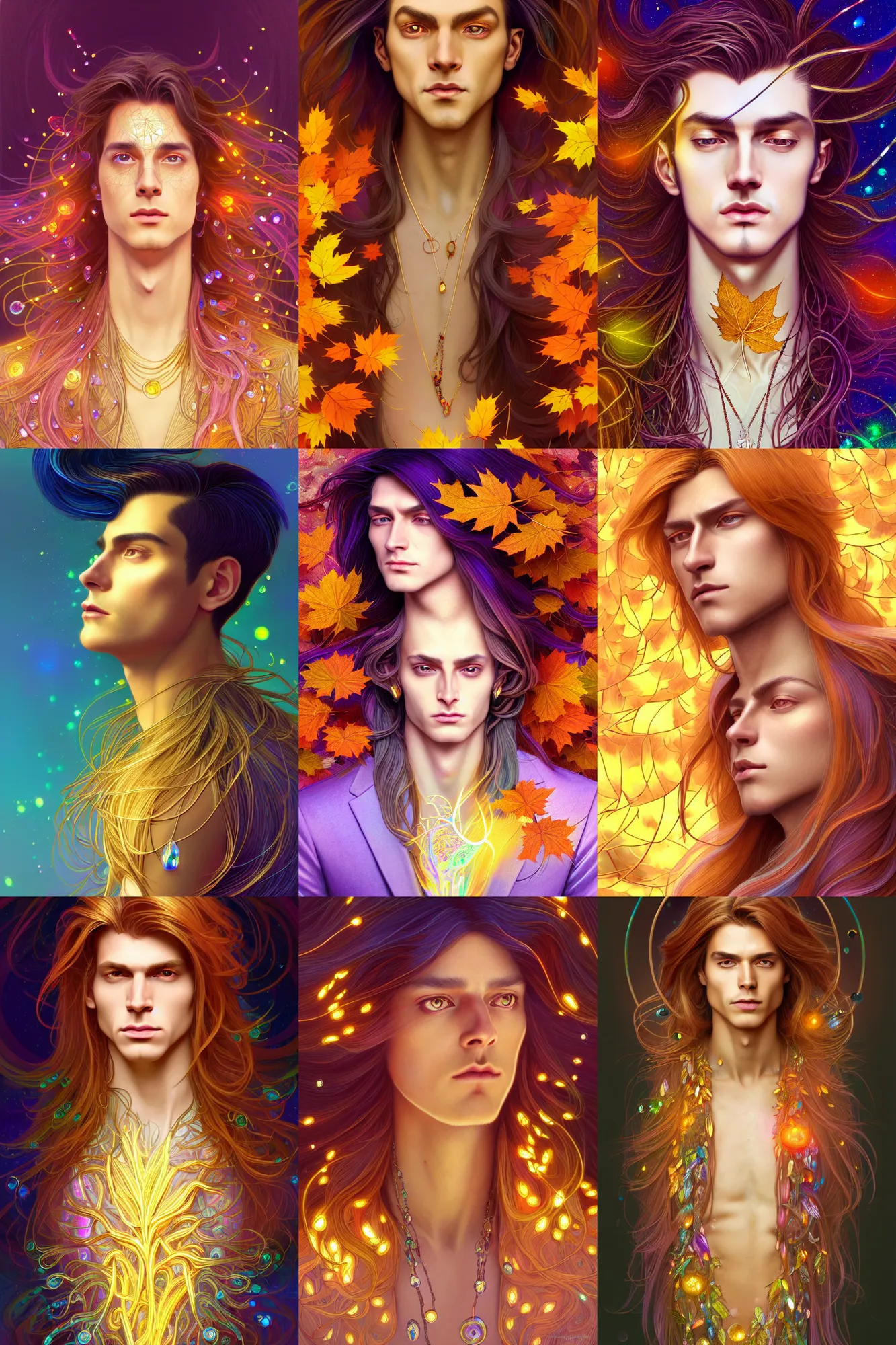 Prompt: illustration of an androgynous man with long hair, iridescent and golden, refractive crystal jewelry, autumn, fall colors, leaves, hyper detailed, character concept, crouching, glowing lights, intricate, elegant, highly detailed, digital painting, artstation, concept art, smooth, sharp focus, illustration, art by glen keane and greg rutkowski and alphonse mucha