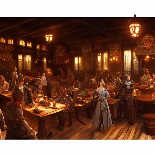 Image similar to a panorama of fantasy characters in a tavern, intricate, highly detailed, digital painting, artstation, smooth, sharp focus, illustration, 8 k, art by artgerm, greg rutkowski