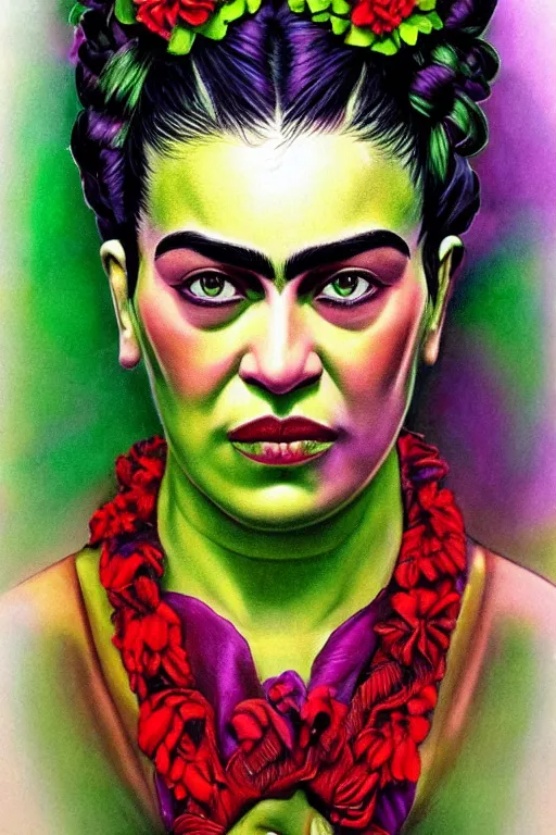 Image similar to ultra detailed incredible hulk portrait in the style of Frida Kahlo