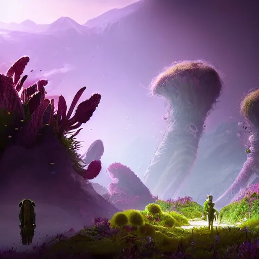 Image similar to a plant creature, plant filaments and flowers, walking on an alien planet with aliens plants, looking at an alien breathtaking landscape, cinematic lighting, concept art, artstation