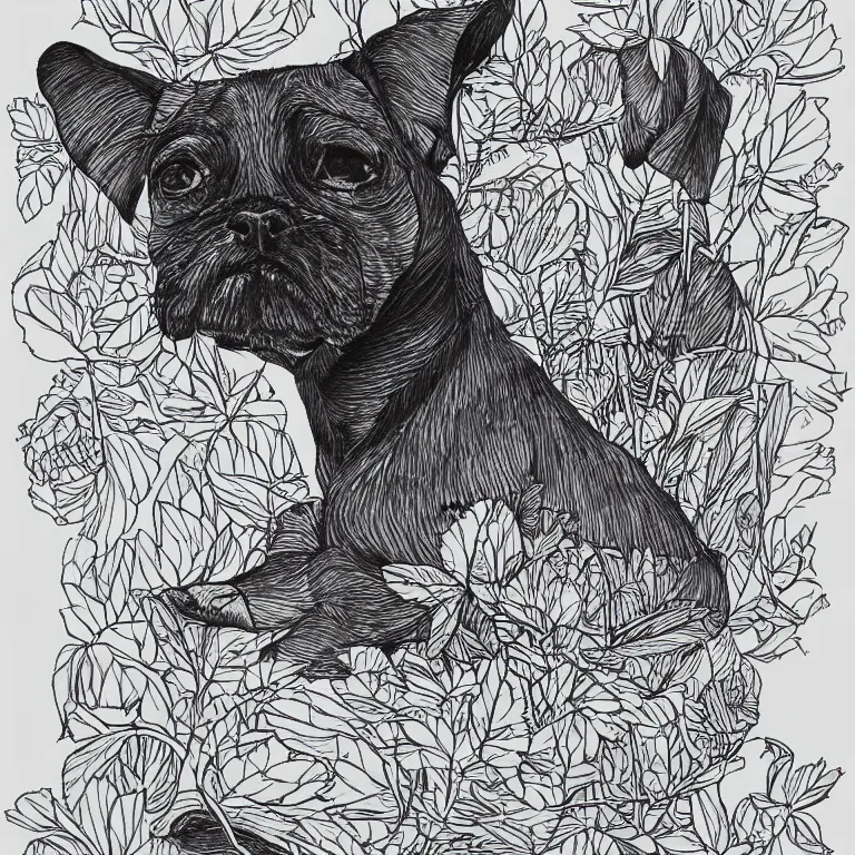 Image similar to a dog in a boat, black and white, botanical illustration, black ink on white paper, bold lines