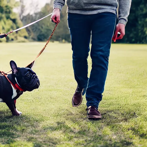 Image similar to a man and a woman walking in park holding hands a french bulldog with a leash