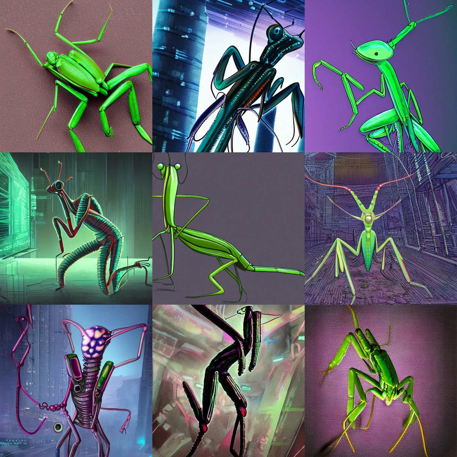 Prompt: a cyberpunk praying mantis