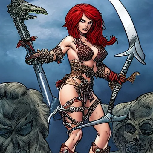 Image similar to Red Sonja wielding a huge sword, with a dead monster at her feet. J. Scott Campbell