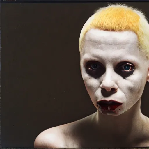 Prompt: realistic expired kodak film portrait of female albino yolandi visser, hyperrealism, hypermaximalism, photorealistic, detailed, atmospheric, 8 k, award winning photography, cinematic