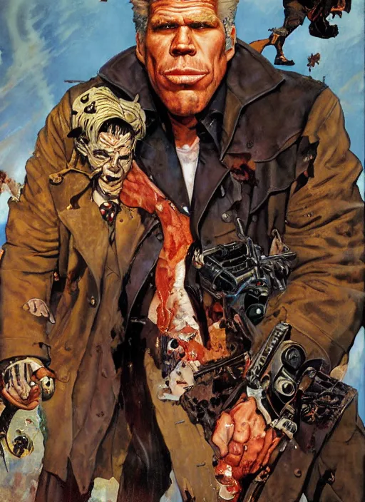 Prompt: full body and head portrait of huge ron perlman in tattered suit and trench coat, dynamic action, painted by norman rockwell and phil hale and greg staples and tom lovell and frank schoonover and jack kirby