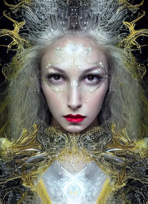 Image similar to glowing silver and golden elements, full close-up portrait, young female model from shutterstock as a dark witch, book cover, green forest, white moon, red lips, establishing shot, extremly high detail, photo-realistic, cinematic lighting, pen and ink, intricate line drawings, by Yoshitaka Amano, Ruan Jia, Kentaro Miura, Artgerm, post processed, concept art, artstation, matte painting, style by eddie, raphael lacoste, alex ross