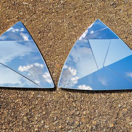 Image similar to realistic photo of flat triangle mirrors lying flat on the ground stretching to the horizon