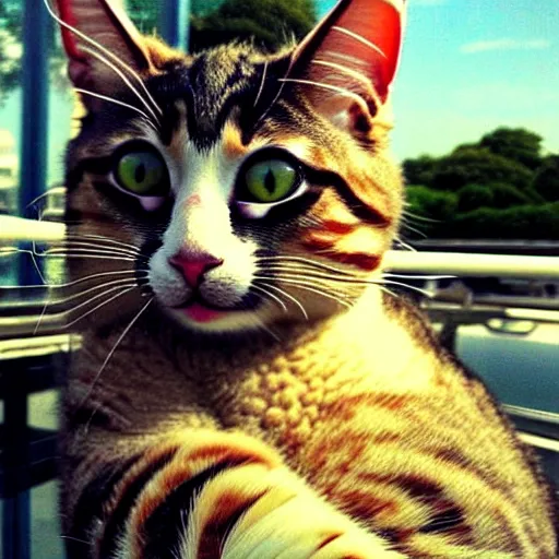 Image similar to !!! cat!!!, ferris wheel, feline, sitting, riding, funny, award winning photo, realistic,