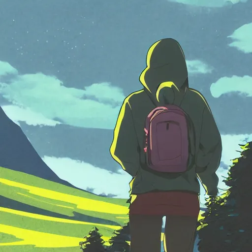 Image similar to person with hoodie walking up a mountain with a backpack that has katanas on the sides by carrie south and aokamei and sasucchi 9 5, anime, amazing composition, astonishing detail, smooth lines, beautiful scenery