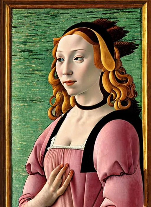 Prompt: portrait of young woman in renaissance dress and hennin, art by sandro botticelli