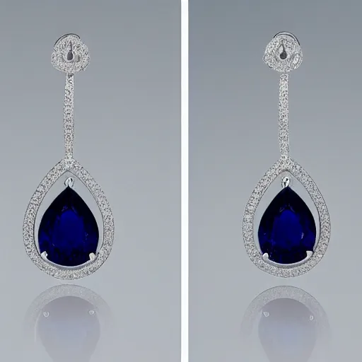 Prompt: front and side views of platinum tear drop sapphire diamond earrings